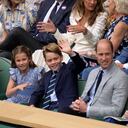 Kate, Princess of Wales, Princess Charlotte, Prince George and Britain's Prince William sit in the Royal Box on Centre Court for the final of the men's singles between Spain's Carlos Alcaraz and Serbia's Novak Djokovic on day fourteen of the Wimbledon tennis championships in London, Sunday, July 16, 2023. (AP Photo/Alastair Grant)