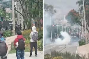 Enfretamientos entre el Smad y encapuchados a las afueras de la Universidad de Antioquia.