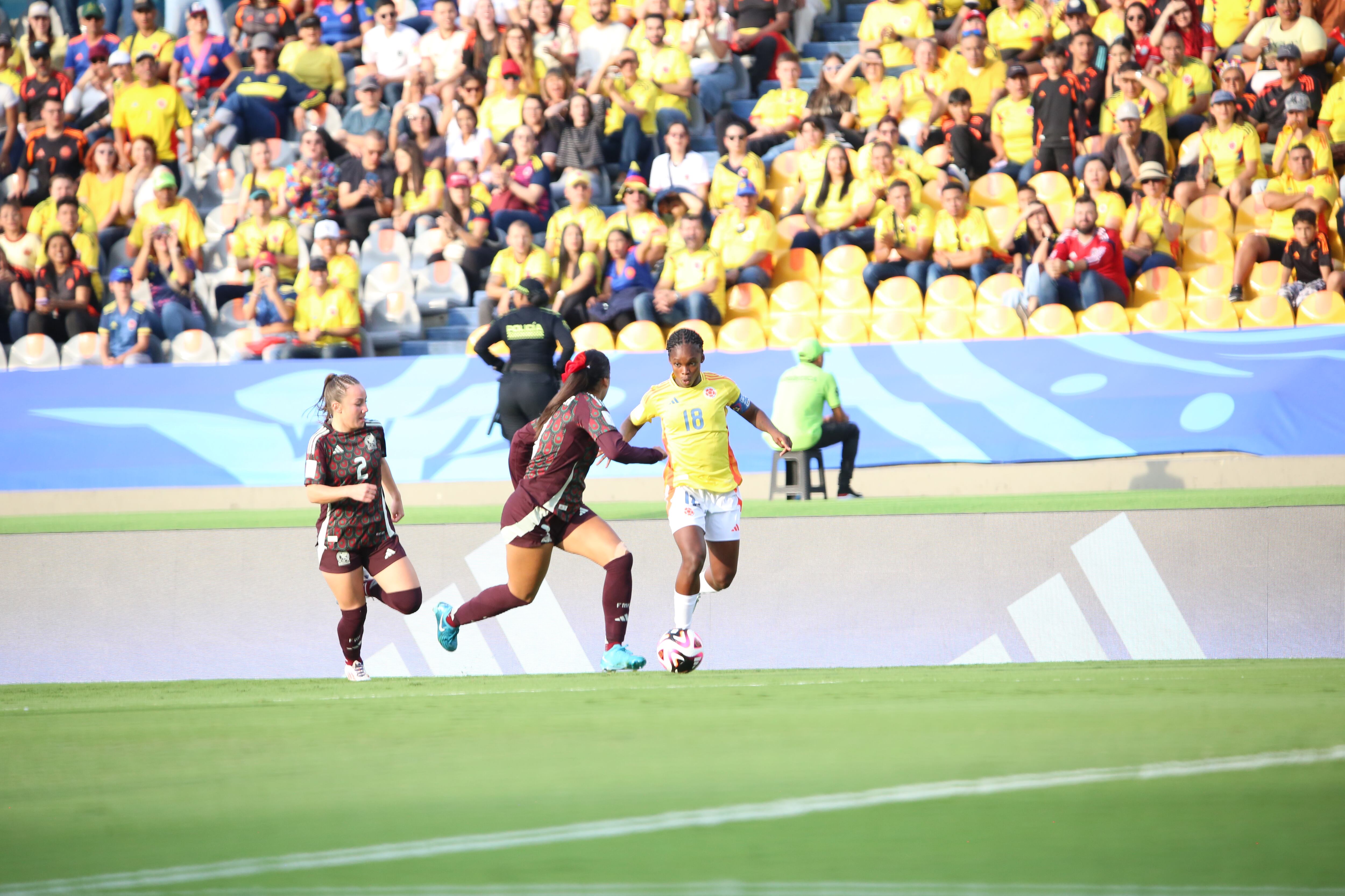 Imagen del partido entre la Selección Colombia Sub-20 contra su similar en México, en el juego de la tercera fecha del Grupo A de la Copa Copa del Mundo Femenina Sub-20 2024.