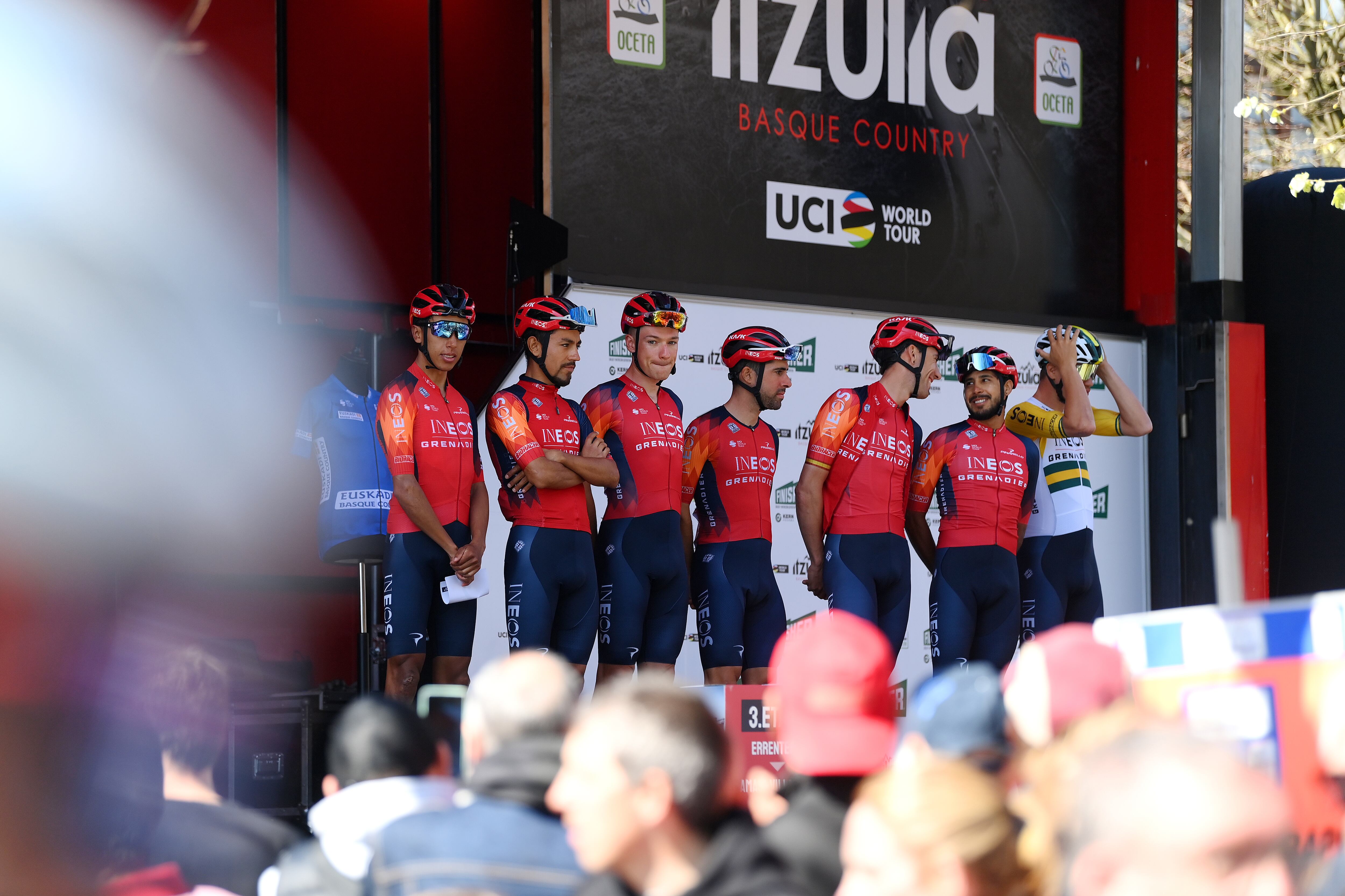 ERRENTERIA, SPAIN - APRIL 05: A general view of Daniel Felipe Martinez of Colombia, Egan Bernal of Colombia, Jonathan Castroviejo of Spain, Omar Fraile of Spain, Ethan Hayter of United Kingdom, Brandon Rivera of Colombia, Lucas Plapp of Australia and Team INEOS Grenadiers prior to the 62nd Itzulia Basque Country, Stage 3 a 153.9km stage from Errenteria to Amasa-Villabona 167m / #UCIWT / on April 05, 2023 in Errenteria, Spain. (Photo by David Ramos/Getty Images)