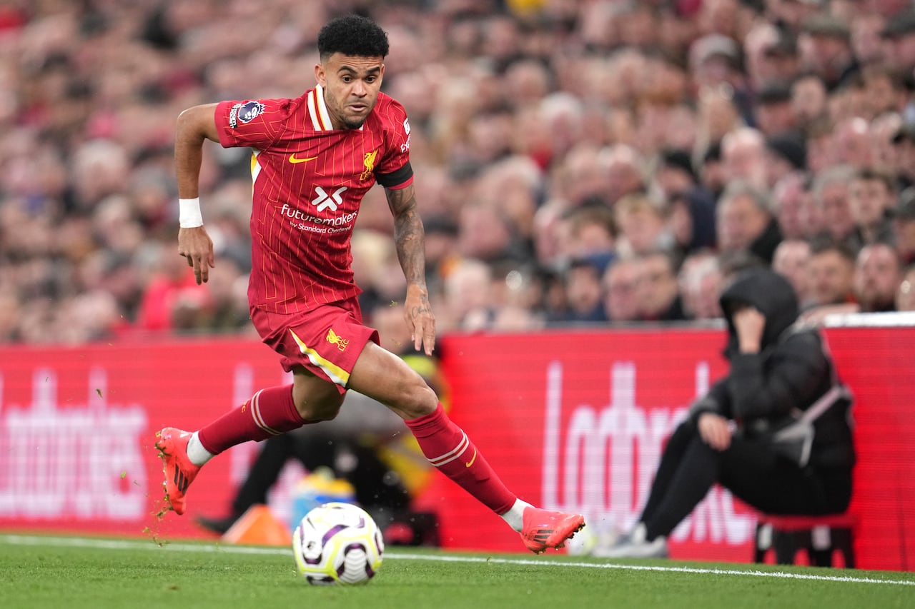 Liverpool's Luis Diaz in action during the English Premier League soccer match between Liverpool and Chelsea at Anfield Stadium, Liverpool, England, Sunday, Oct. 20, 2024. (AP Photo/Jon Super)