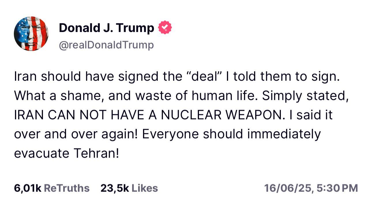 Mensaje enviado por Donald Trump en su cuenta de Truth.