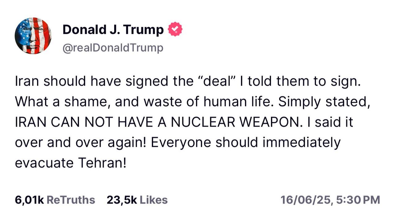 Mensaje enviado por Donald Trump en su cuenta de Truth.