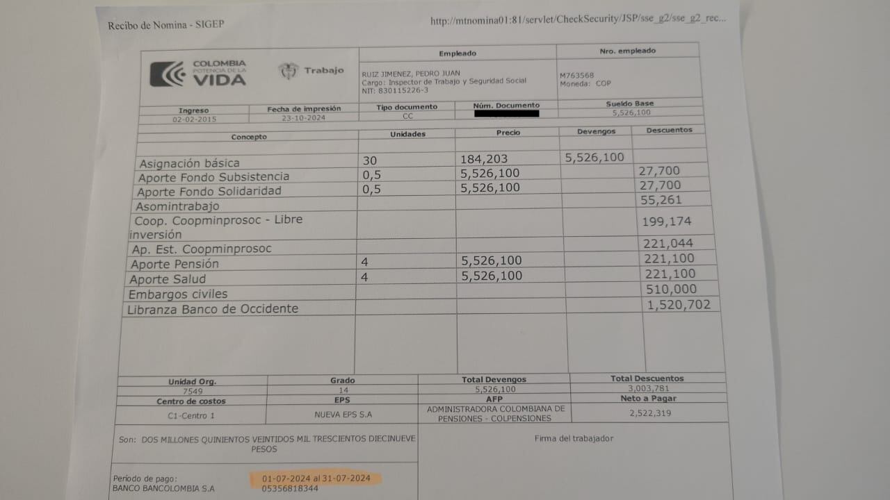 Volante de pago de Pedro Ruiz en el Ministerio del Trabajo.