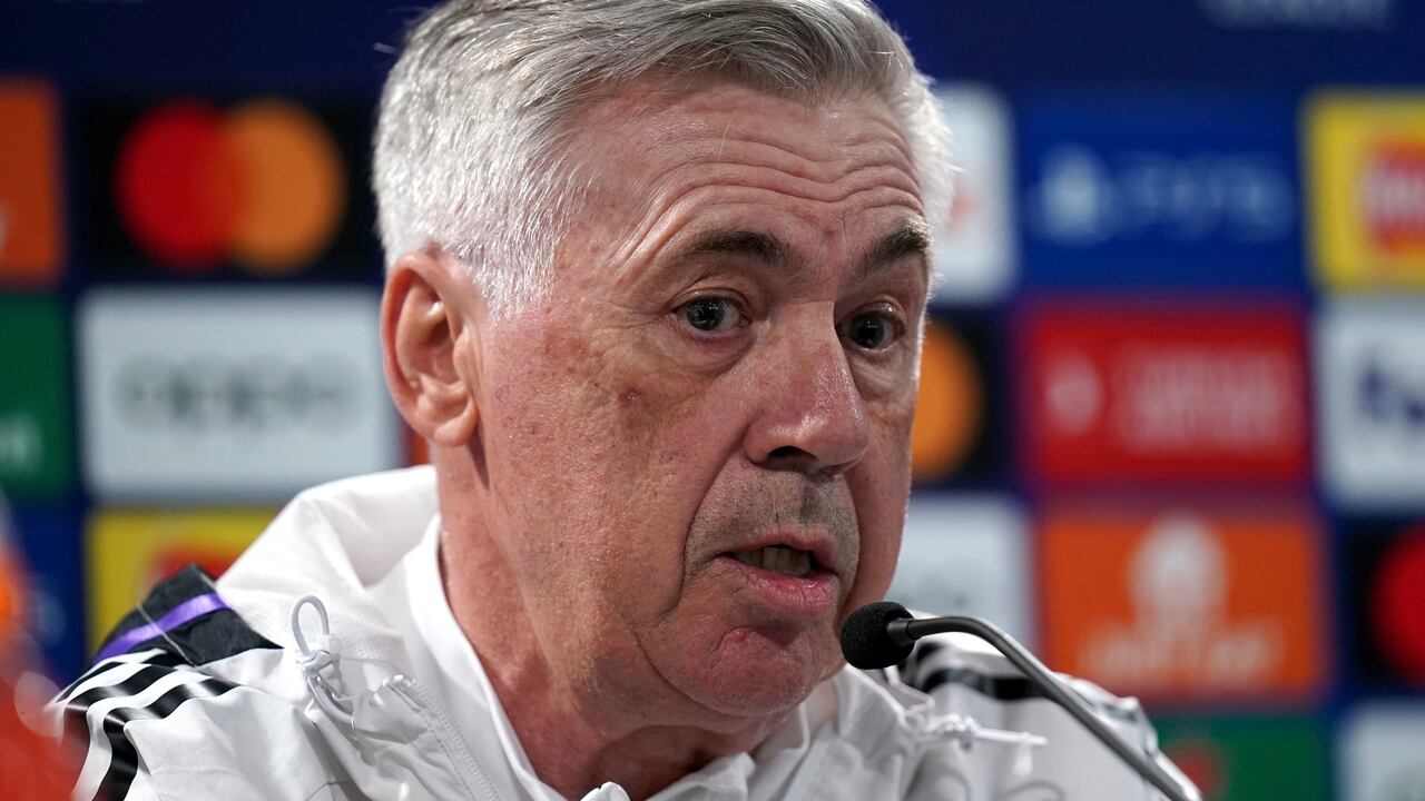 Real Madrid manager Carlo Ancelotti addresses the media during a press conference at Stamford Bridge, London, England, Monday, April 17, 2023. Real Madrid will face FC Chelsea for a UEFA Champions League quarterfinal soccer match on Tuesday, April 18, 2023. (John Walton/PA via AP)