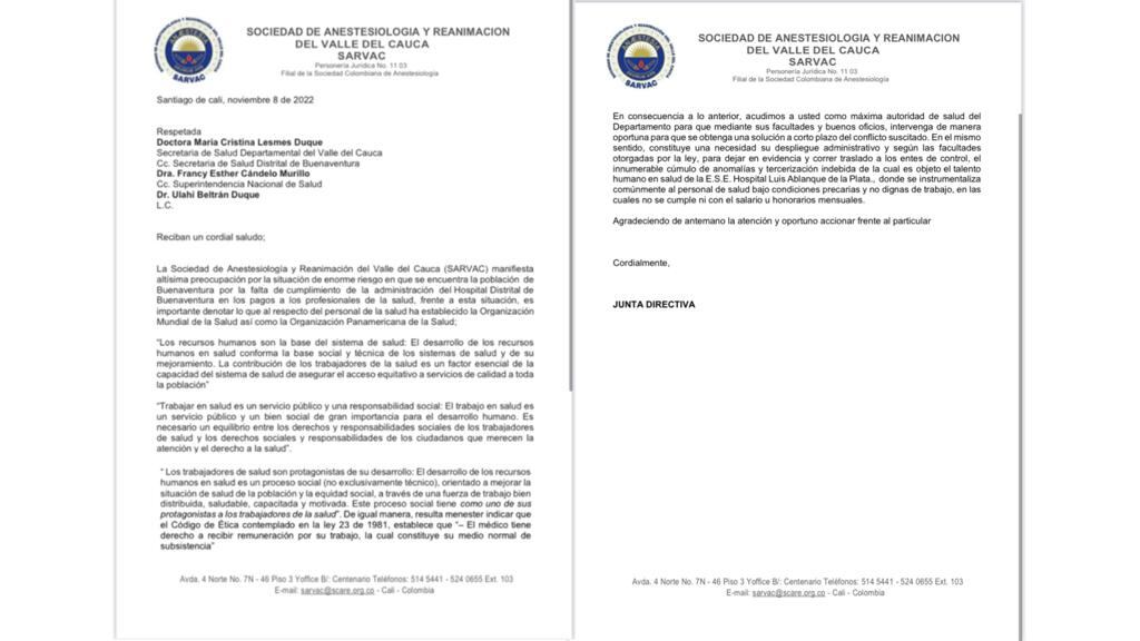 Carta enviada por la Sociedad de Anestesiología y Reanimación del Valle del Cauca.