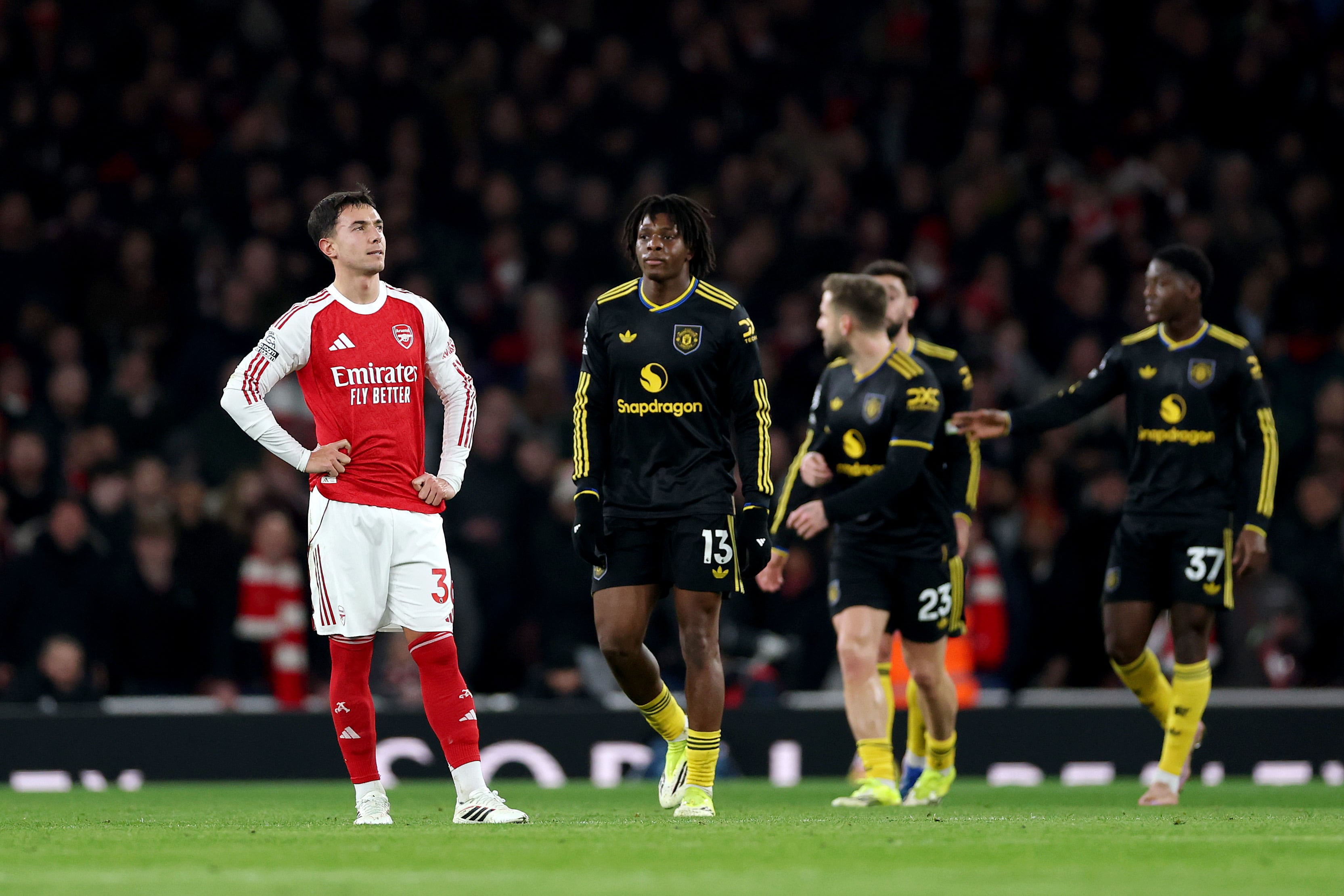 LONDON, ENGLAND - JANUARY 25: Martin Zubimendi of Arsenal reacts after Bryan Mbeumo of Manchester United (not pictured) scores his team's first goal during the Premier League match between Arsenal and Manchester United at Emirates Stadium on January 25, 2026 in London, England. (Photo by Justin Setterfield/Getty Images)