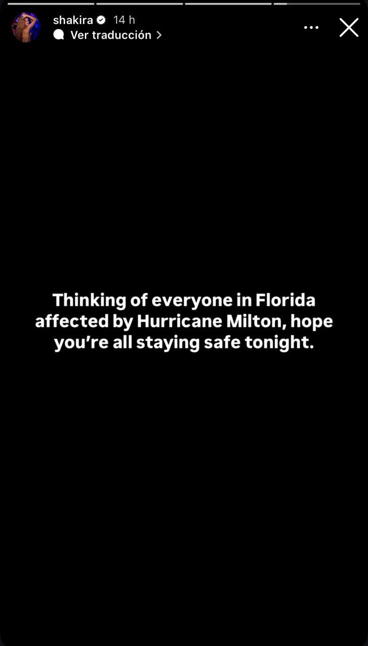Shakira envió mensaje por el huracán Milton.
