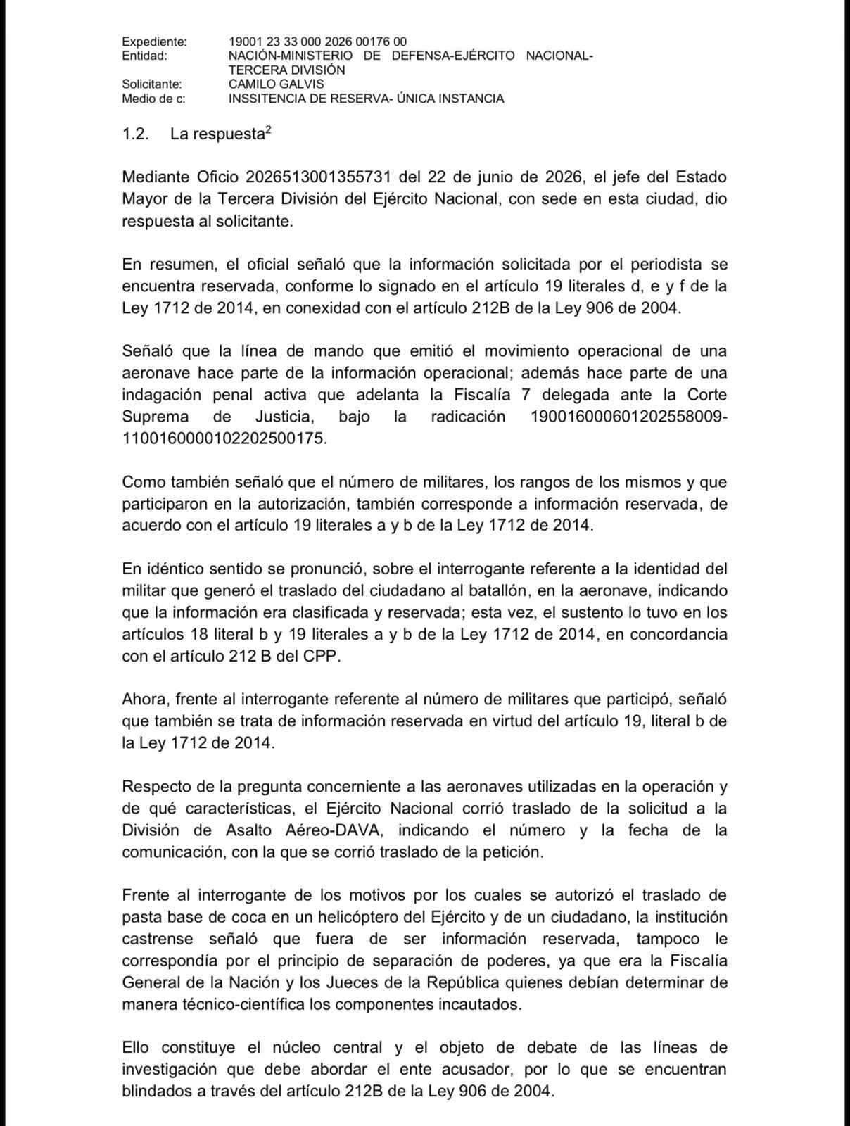 El Tribunal indicó que en instancias judiciales el Ejército no logró acreditar que la información era de carácter reservado.