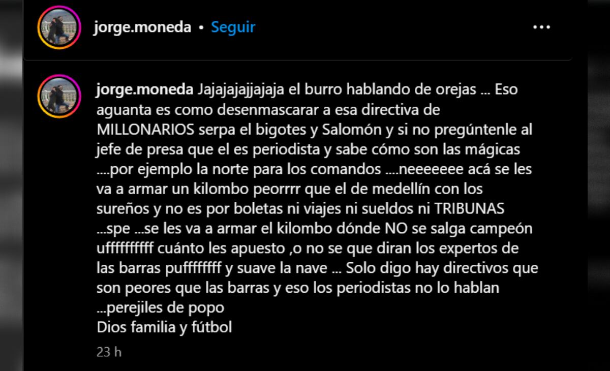 Jorge Lizcano y su mensaje a las directivas de Millonarios