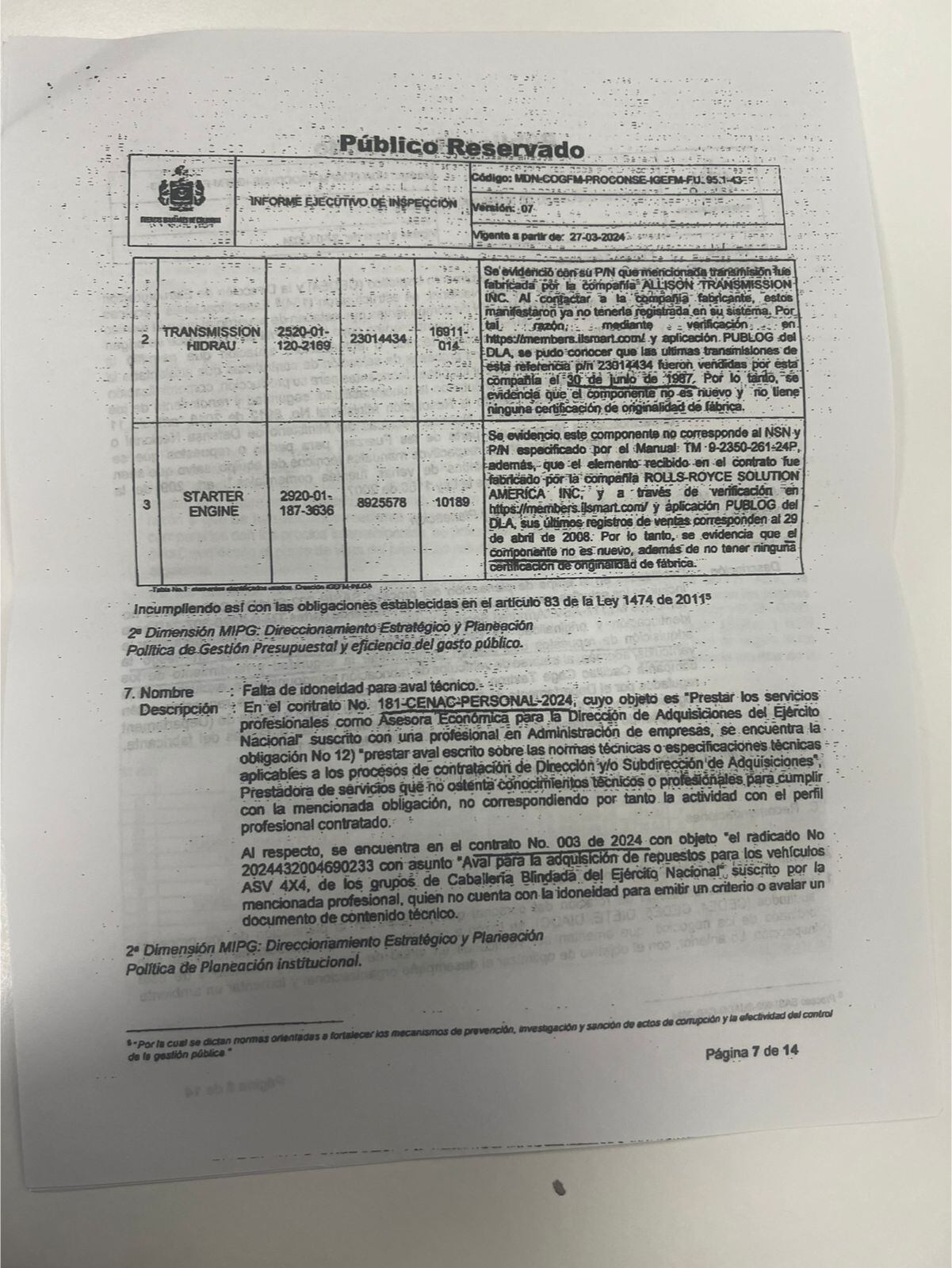 En este documento la inspección de las fuerzas Militares encontró que el Ejército compraba repuestos para los blindados donados por EE.UU con más de 30 años de antigüedad.