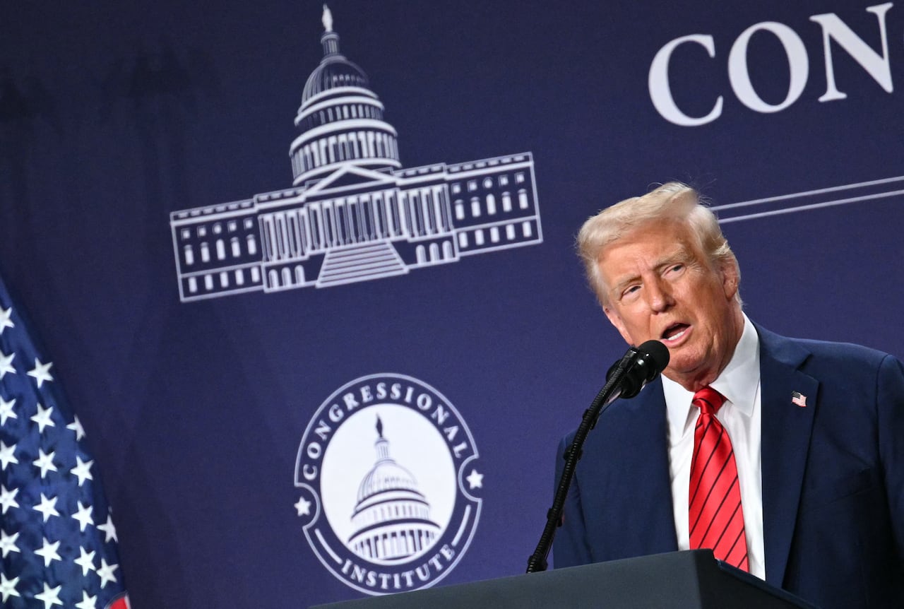 US President Donald Trump speaks at the House Republican Members Conference Dinner at Trump National Doral Miami, in Miami, Florida on January 27, 2025.