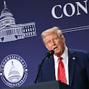 US President Donald Trump speaks at the House Republican Members Conference Dinner at Trump National Doral Miami, in Miami, Florida on January 27, 2025. (Photo by Mandel NGAN / AFP)