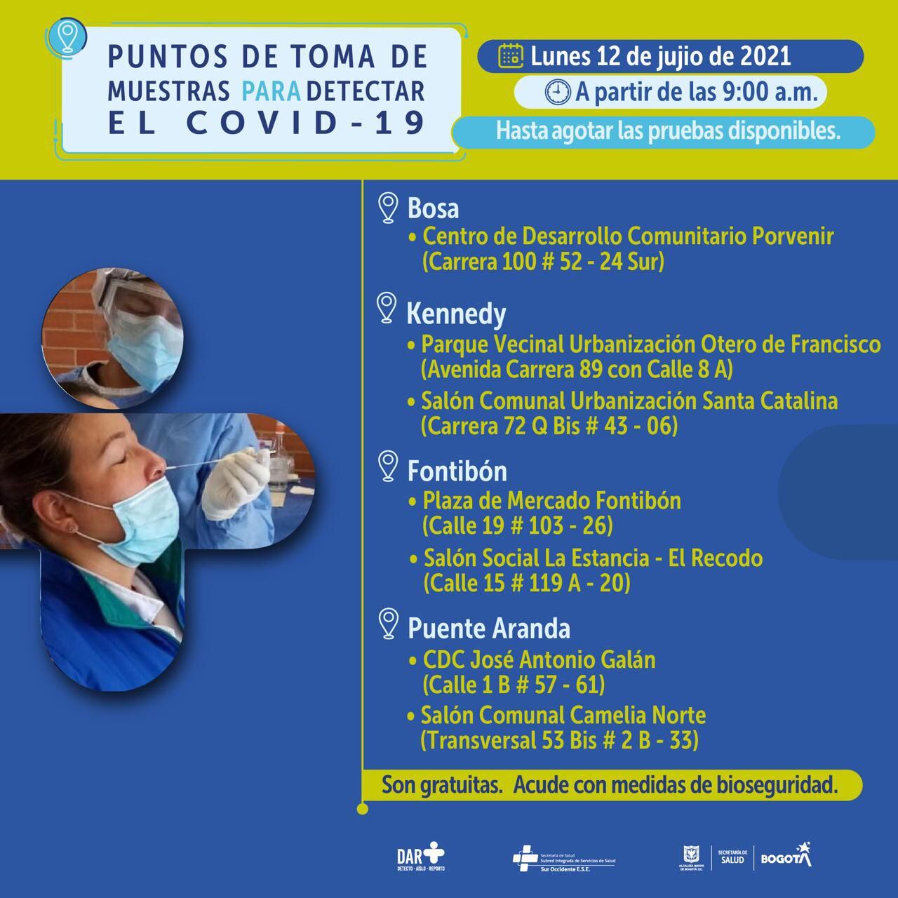 Dónde hay pruebas gratis de COVID en Bogotá hoy 12 de julio:horario y puntos