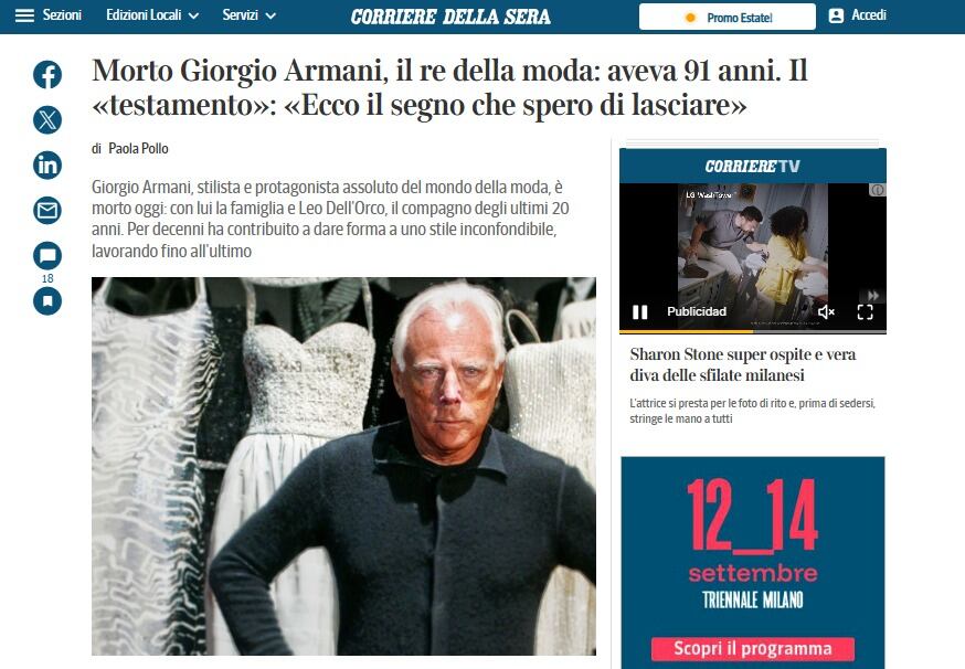 Así reacciona la prensa italiana tras la muerte del ícono de la moda Giorgio Armani