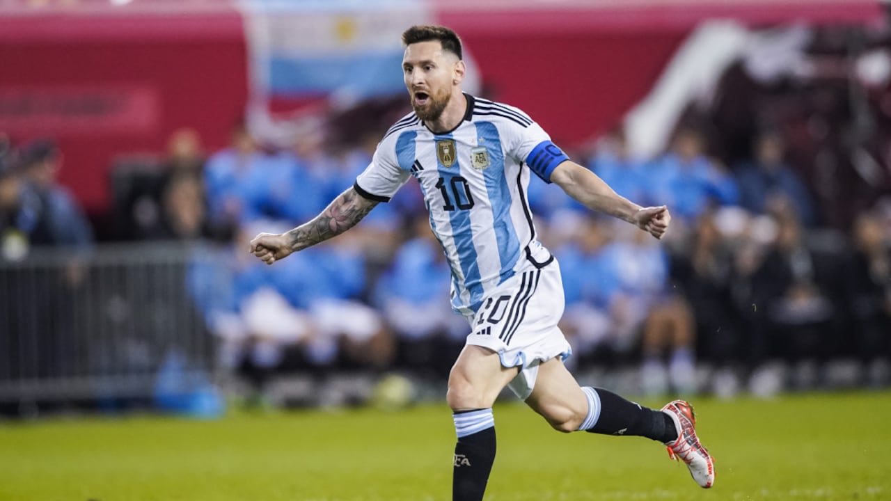 FILE - Argentina's player Lionel Messi celebrates his goal during the second half of an international friendly soccer match against Jamaica on Tuesday, Sept. 27, 2022, in Harrison, N.J. (AP/Eduardo Munoz Alvarez, File)