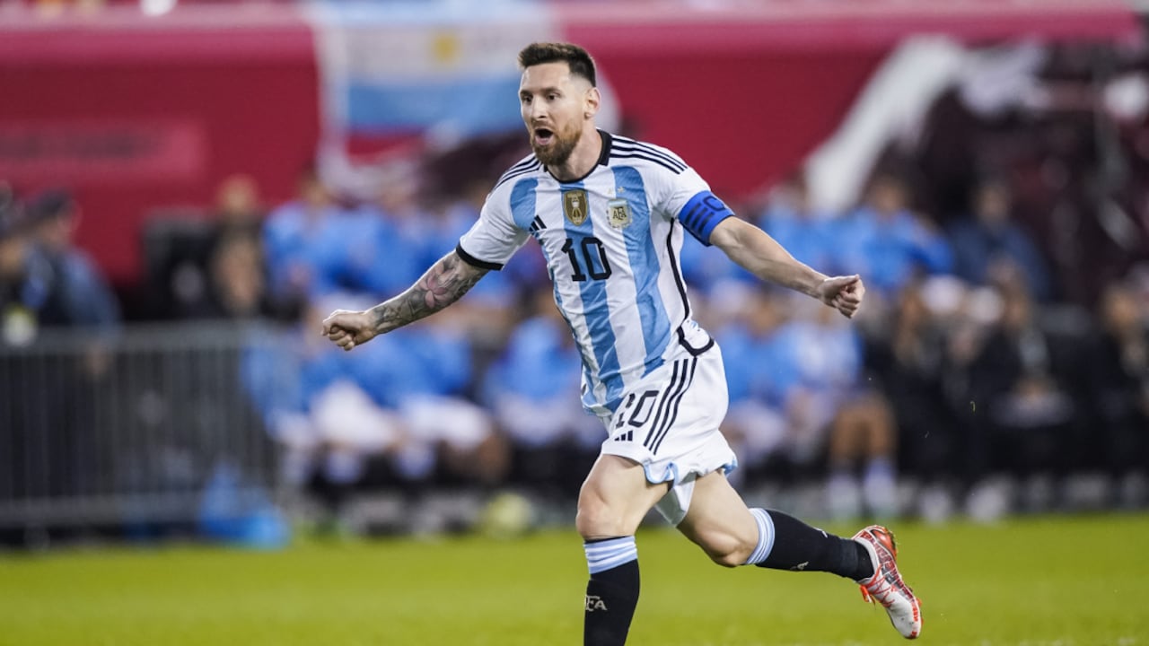 FILE - Argentina's player Lionel Messi celebrates his goal during the second half of an international friendly soccer match against Jamaica on Tuesday, Sept. 27, 2022, in Harrison, N.J. (AP/Eduardo Munoz Alvarez, File)