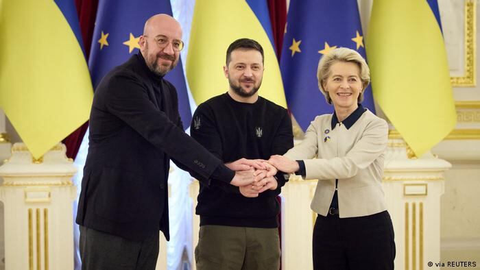 Charles Michel, Volodomir Zelenski y Ursula von der Leyen en Kiev.