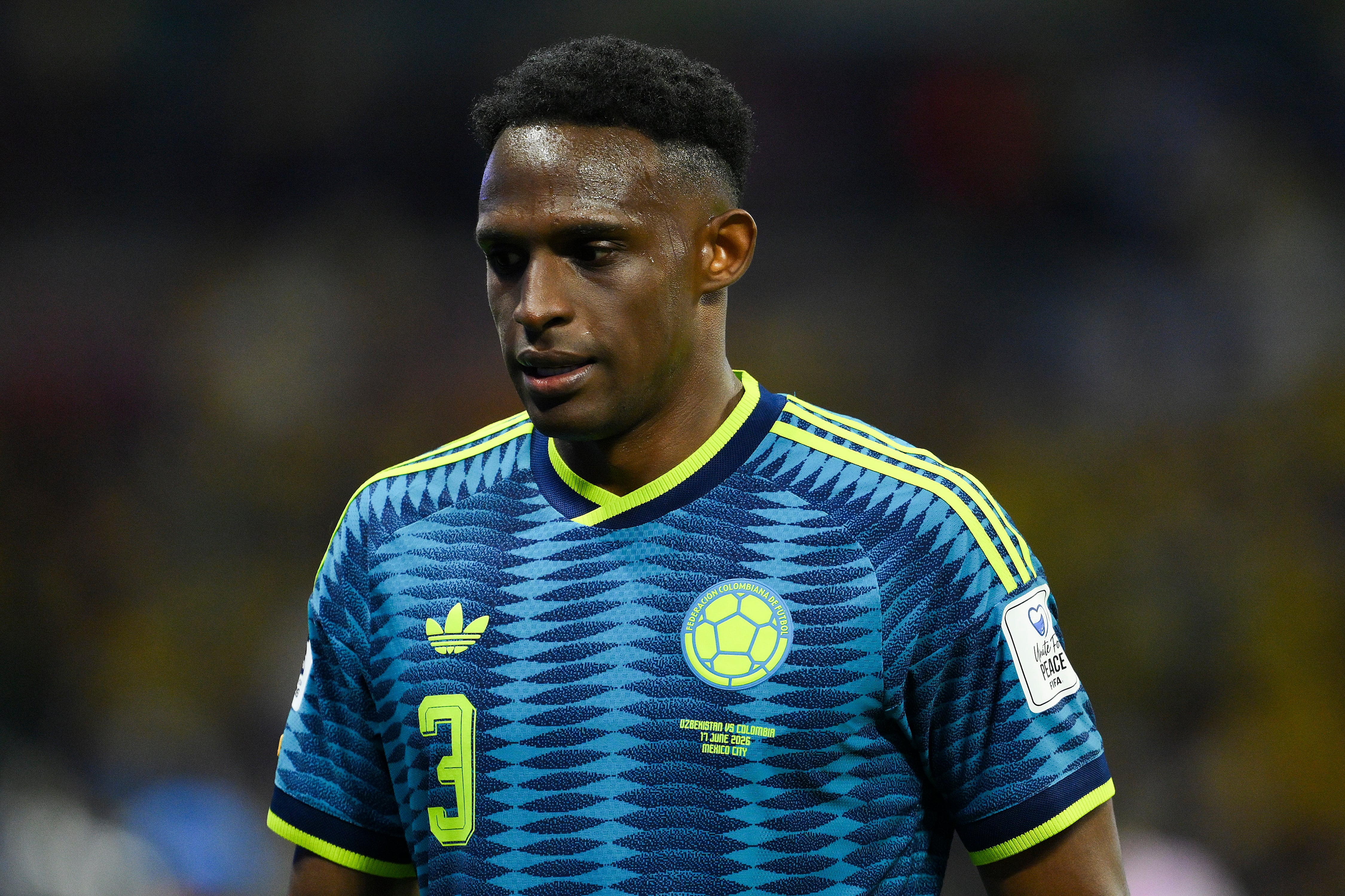 MEXICO CITY, MEXICO - JUNE 17: Jhon Lucumi #3 of Colombia looks on during the FIFA World Cup 2026 Group K match between Uzbekistan and Colombia at Mexico City Stadium on June 17, 2026 in Mexico City, Mexico. (Photo by David Ramos/Getty Images)