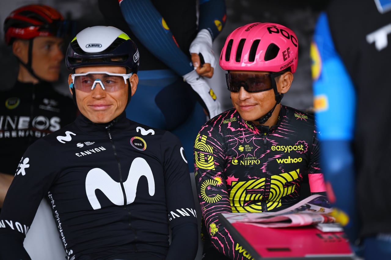 ACQUI TERME, ITALY - MAY 07: (L-R) Einer Rubio of Colombia and Movistar Team and Esteban Chaves of Colombia and Team EF Education - EasyPost prior to the 107th Giro d'Italia 2024, Stage 4 a 190km stage from Acqui Terme to Andora / #UCIWT / on May 07, 2024 in Acqui Terme, Italy. (Photo by Tim de Waele/Getty Images)