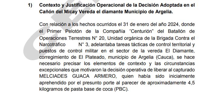 En este documento firmado por el general Federico Mejía, le reporta al general Emilio Cardozo, entonces comandante del Ejército, que las tropas habían capturado a un sujeto al parecer con pasta base de cocaína.