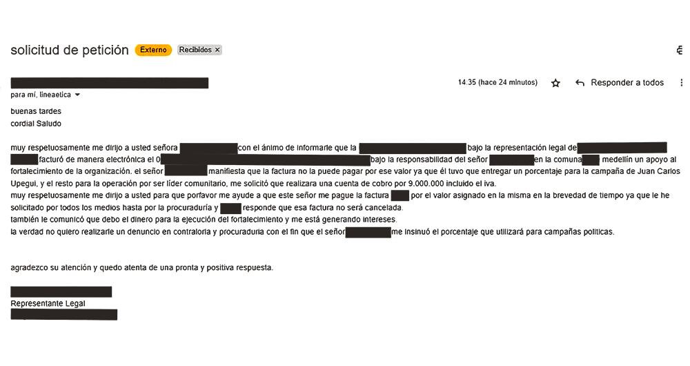   Este correo pondría en evidencia aportes de contratistas a una campaña política en 2023 en Medellín. 