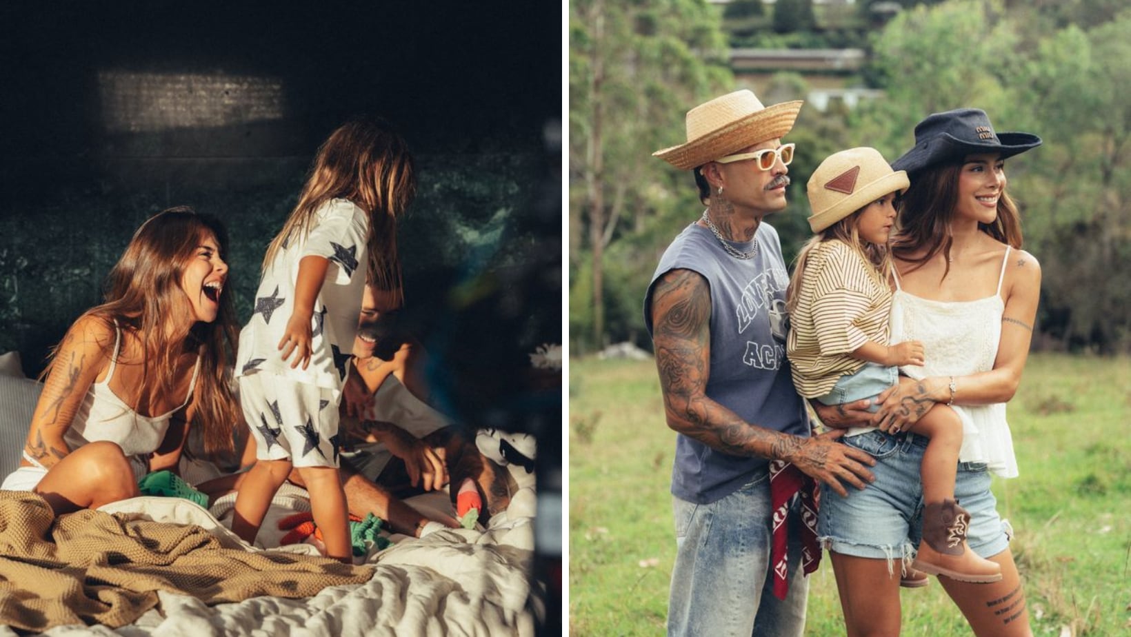 Greeicy y Mike Bahía junto a su hijo en el rodaje del video musical.
