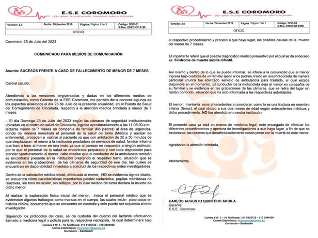 Comunicado del hospital de Coromoro, Santander.