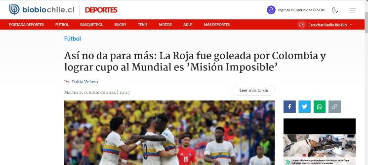 Prensa chilena reacciona a la derrota ante Colombia