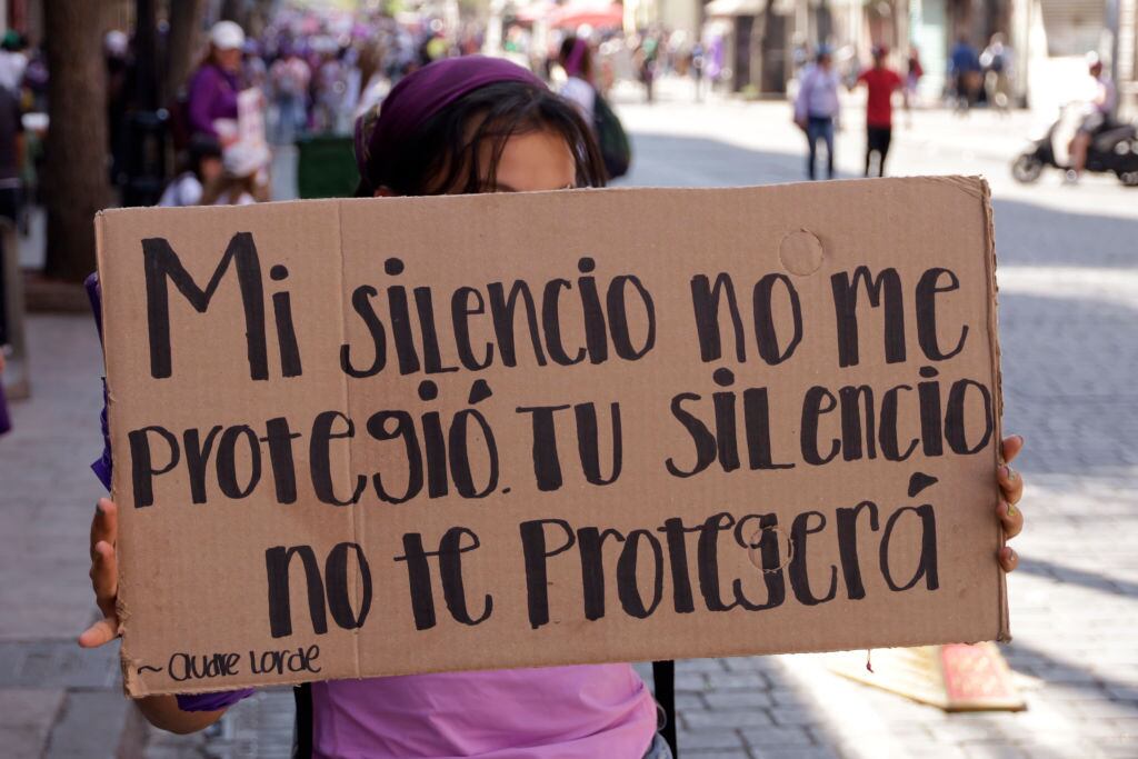 March 8, 2024, Mexico City, Mexico:A woman holds a placard during the International Women's Day demonstration, as hundreds of women join protests around the world to commemorate International Women's Day. (Photo by Luis Barron / Eyepix Group). (Photo credit should read Luis Barron / Eyepix Group/Future Publishing via Getty Images)