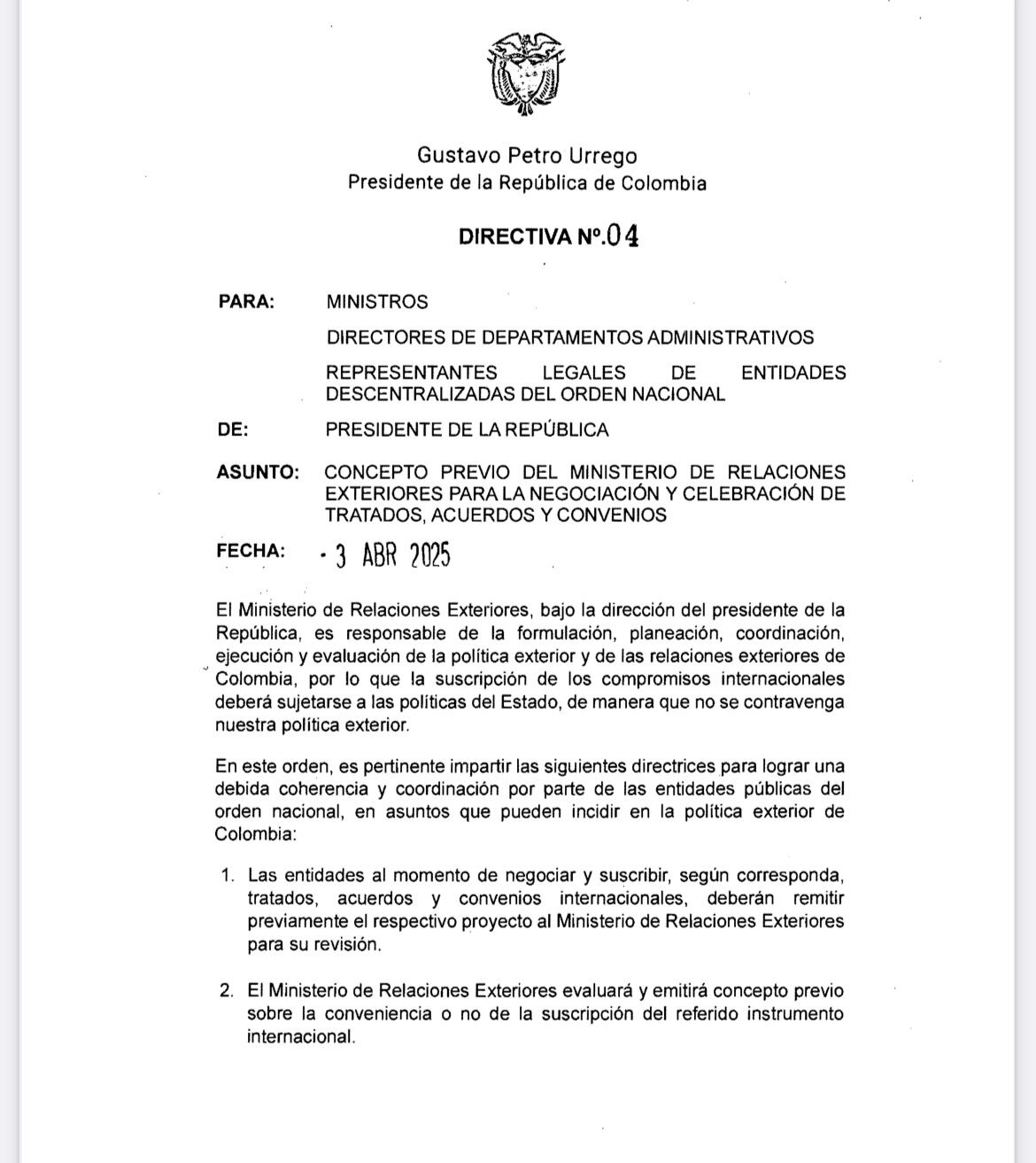 Directiva presidente Gustavo Petro - Cancillería