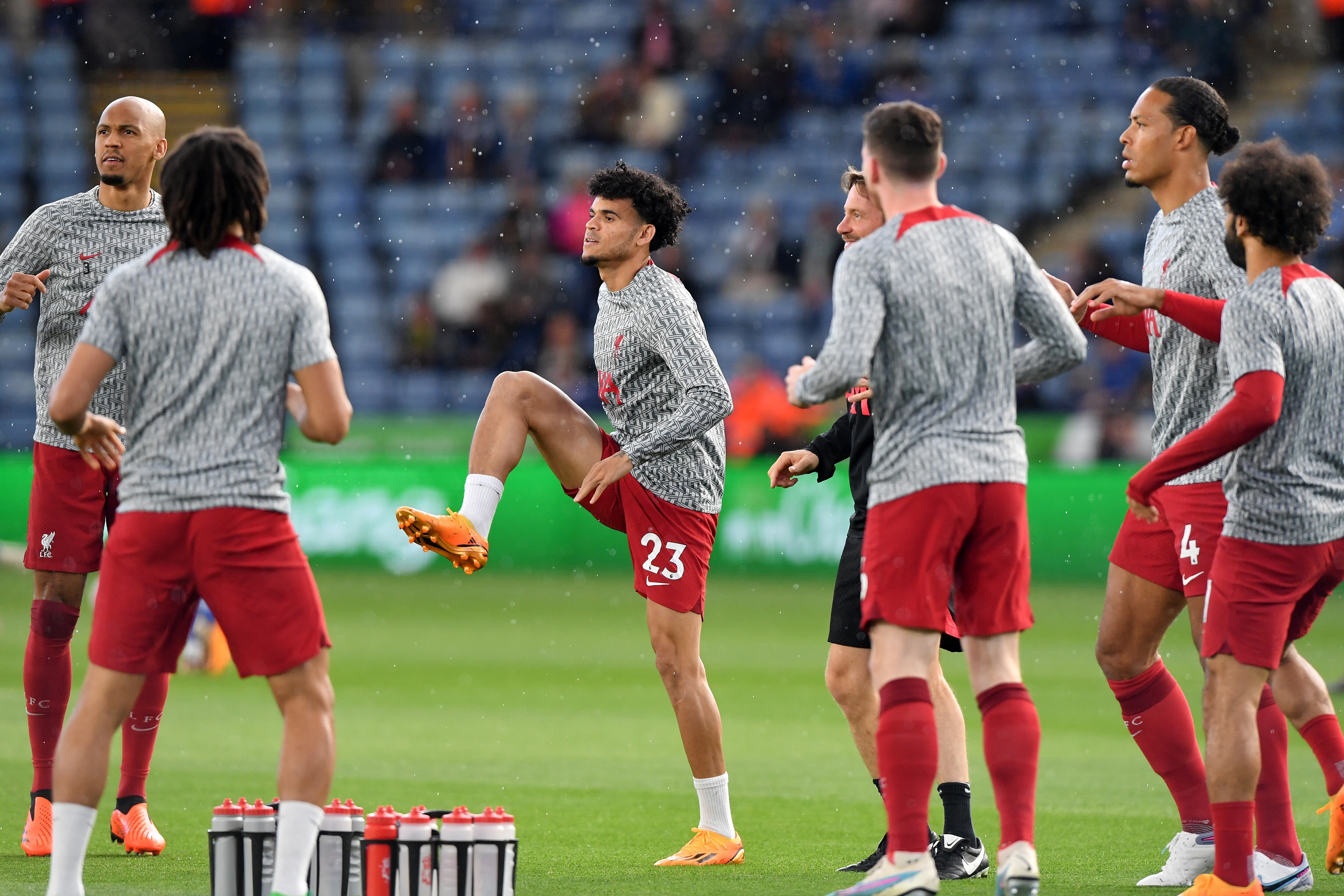 LEICESTER, ENGLAND - MAY 15: Luis Díaz of Liverpool before the Premier League match between Leicester City and Liverpool FC at King Power Stadium on May 15, 2023 in Leicester, United Kingdom. (Photo by Plumb Images/Leicester City FC via Getty Images)