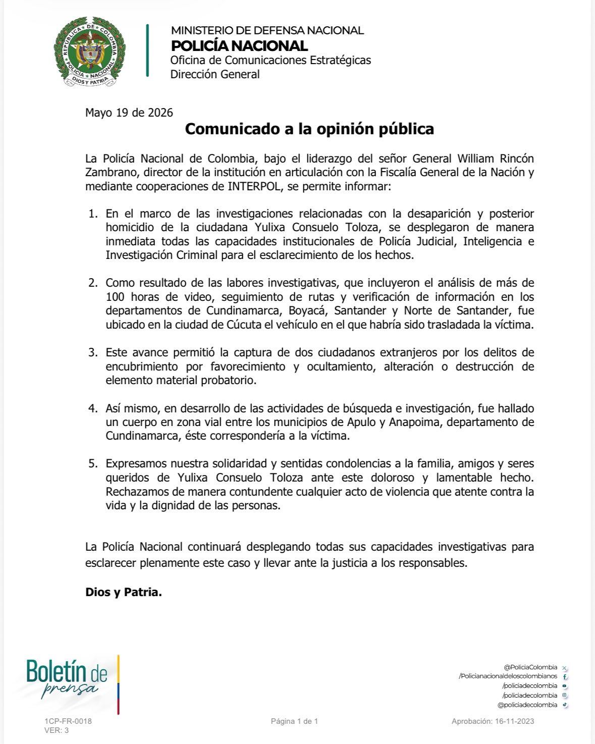 La Policía confirmó a través de un comunicado la identidad de Yulitza.