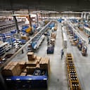 An aerial view of a high tech electrical switchgear factory assembly floor.
