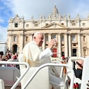 Pope Francis greets the crowd at the end of a mass for the opening of the Ordinary General Assembly of the Synod of Bishops, on October 2, 2024 at St Peter's square in The Vatican. (Photo by Alberto PIZZOLI / AFP)