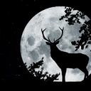 Silhouette in front of a full moon with tree and proud deer with antler
