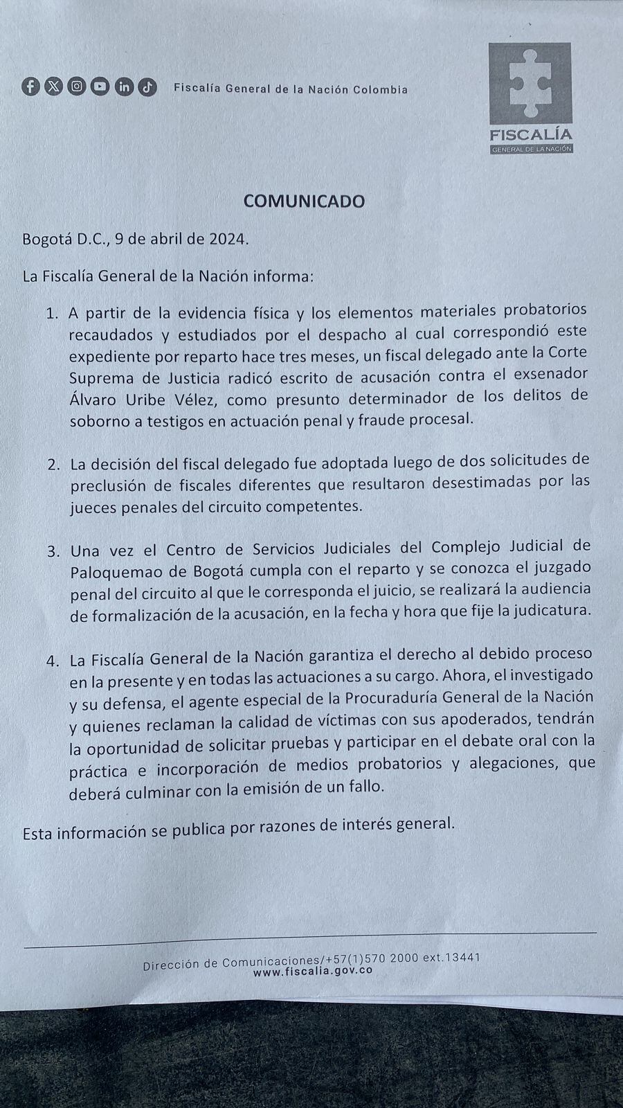 La fiscalía anuncia el juicio contra el expresidente Álvaro Uribe.