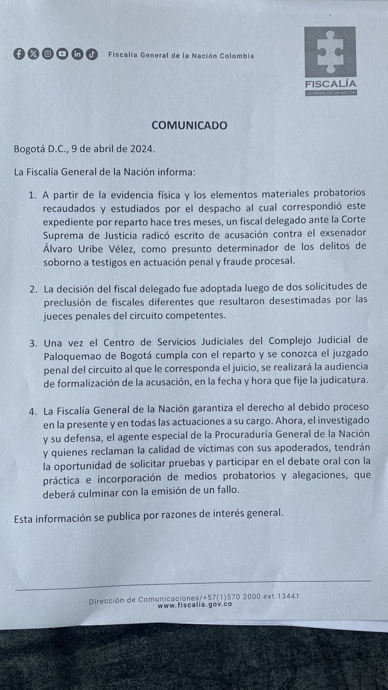 La fiscalía anuncia el juicio contra el expresidente Álvaro Uribe.