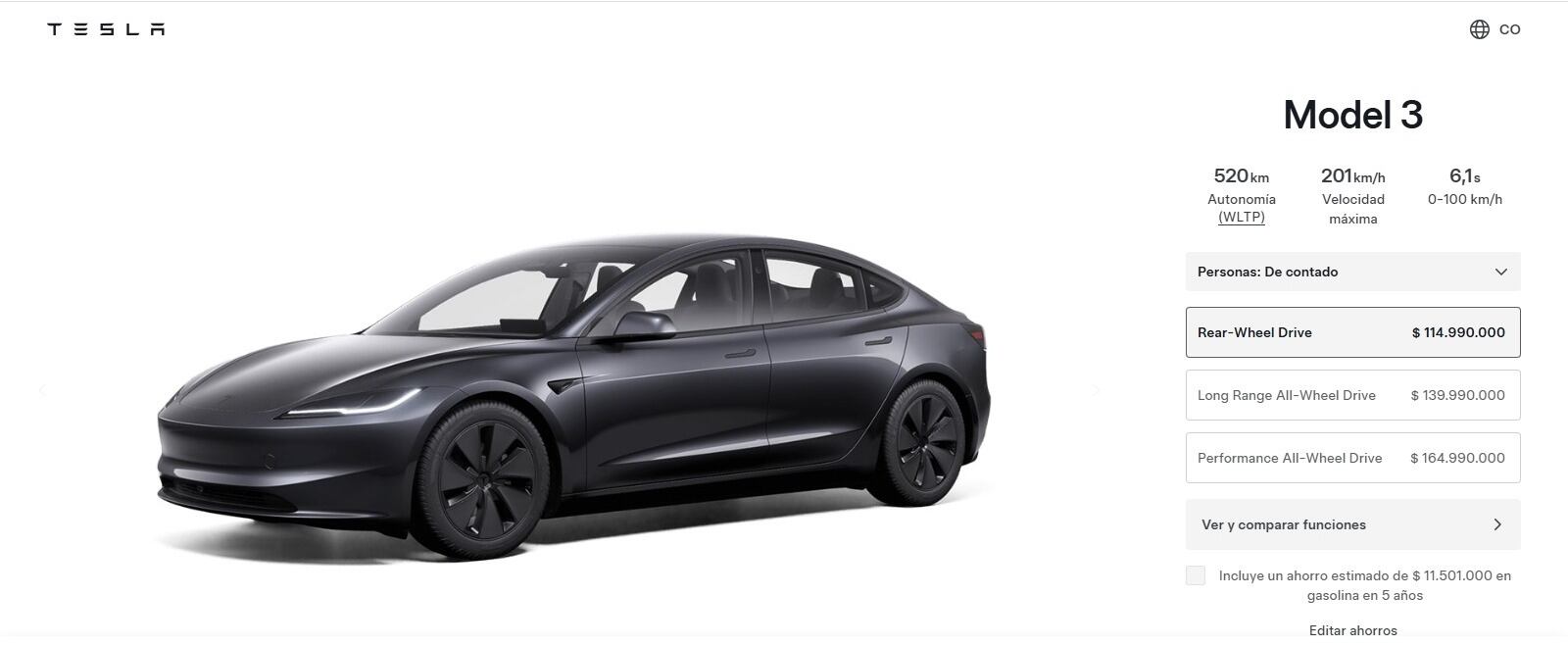 Este es el precio actual del Model 3 de Tesla.