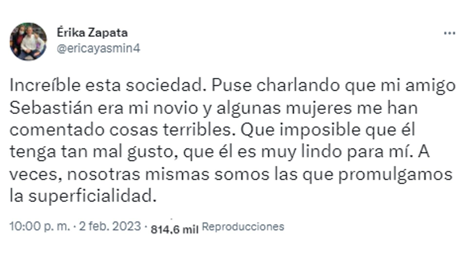 Publicación en Twitter de Érika Zapata