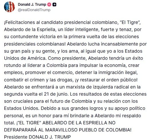 Este fue el mensaje de apoyo a Abelardo de la Espriella que compartió el presidente Donald Trump.