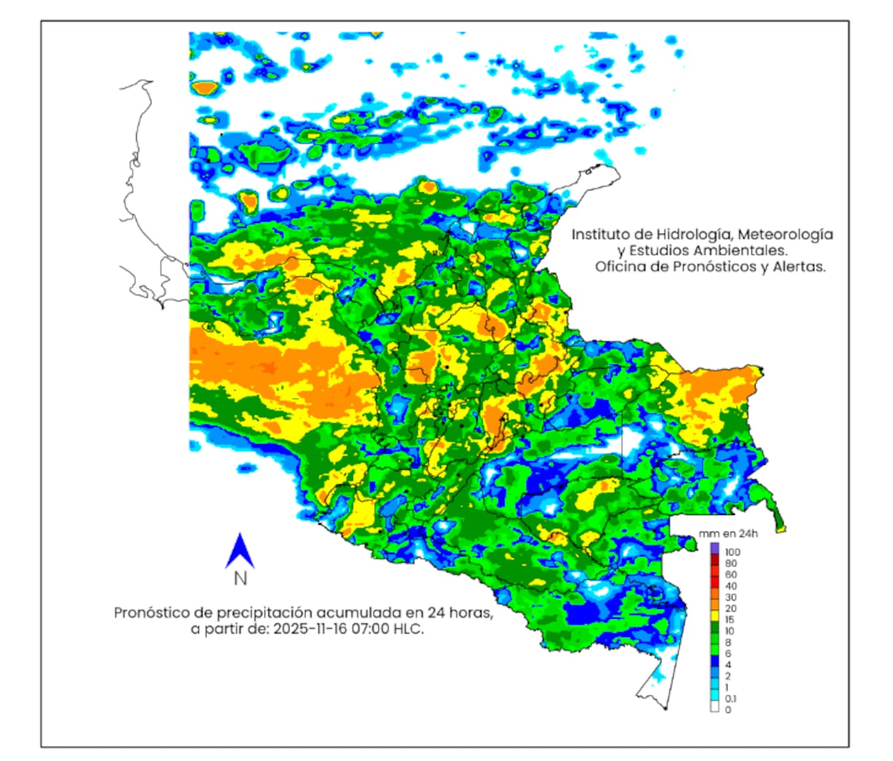 La escala de colores indica la cantidad de
precipitación acumulada, el domingo 16 de noviembre de 2025