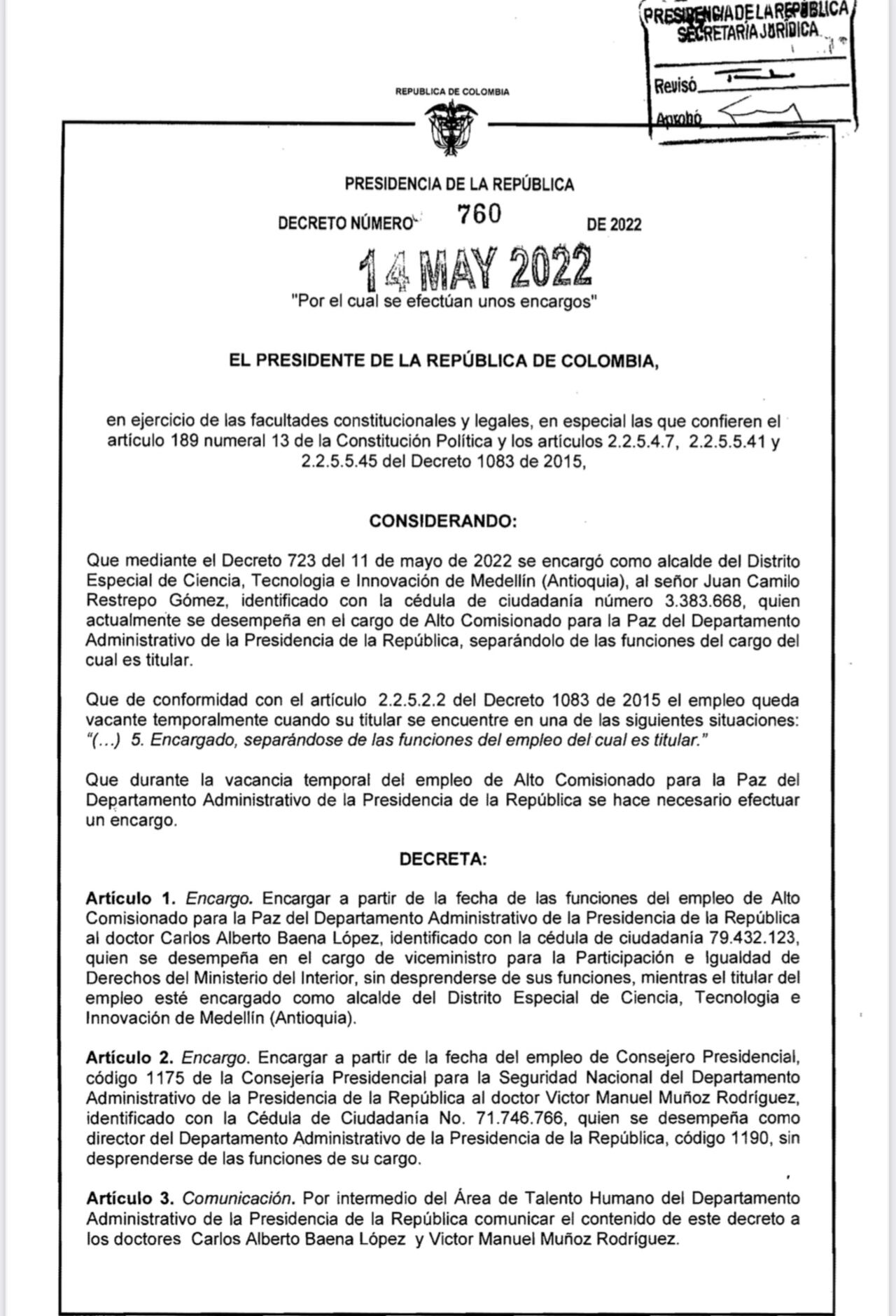 Decreto Carlos Baena nuevo comisionado de Paz encargado