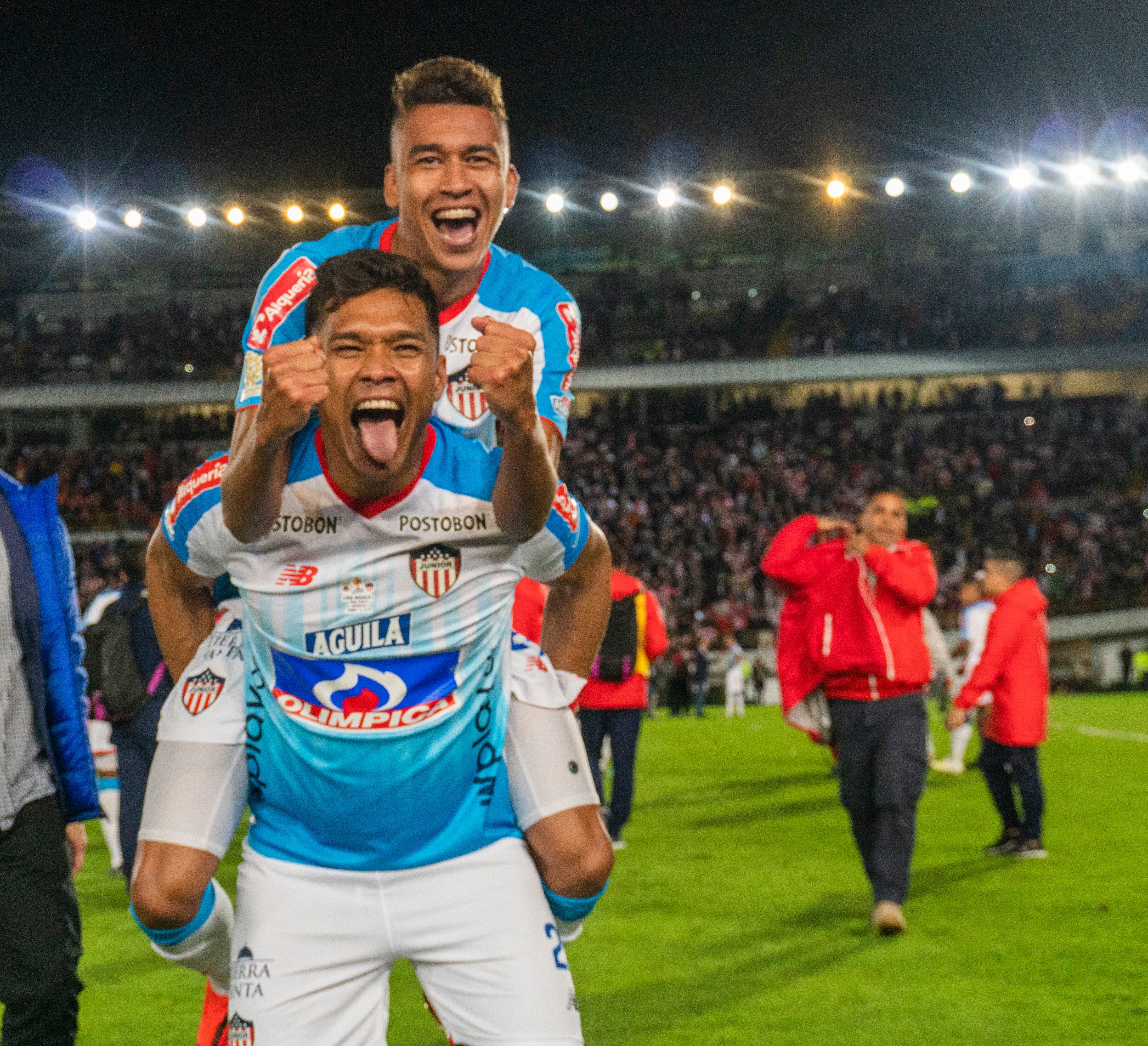 Teofilo Gutiérrez and Víctor Cantillo of Atletico Junior celebrate winning the Torneo Apertura Liga Aguila 2019 championship in the penalty shootout after a second leg match between Deportivo Pasto and Atletico Junior 2019 at Estadio El Campin on June 12, 2019 in Bogota, Colombia. (Photo by Daniel Garzon Herazo/NurPhoto via Getty Images)