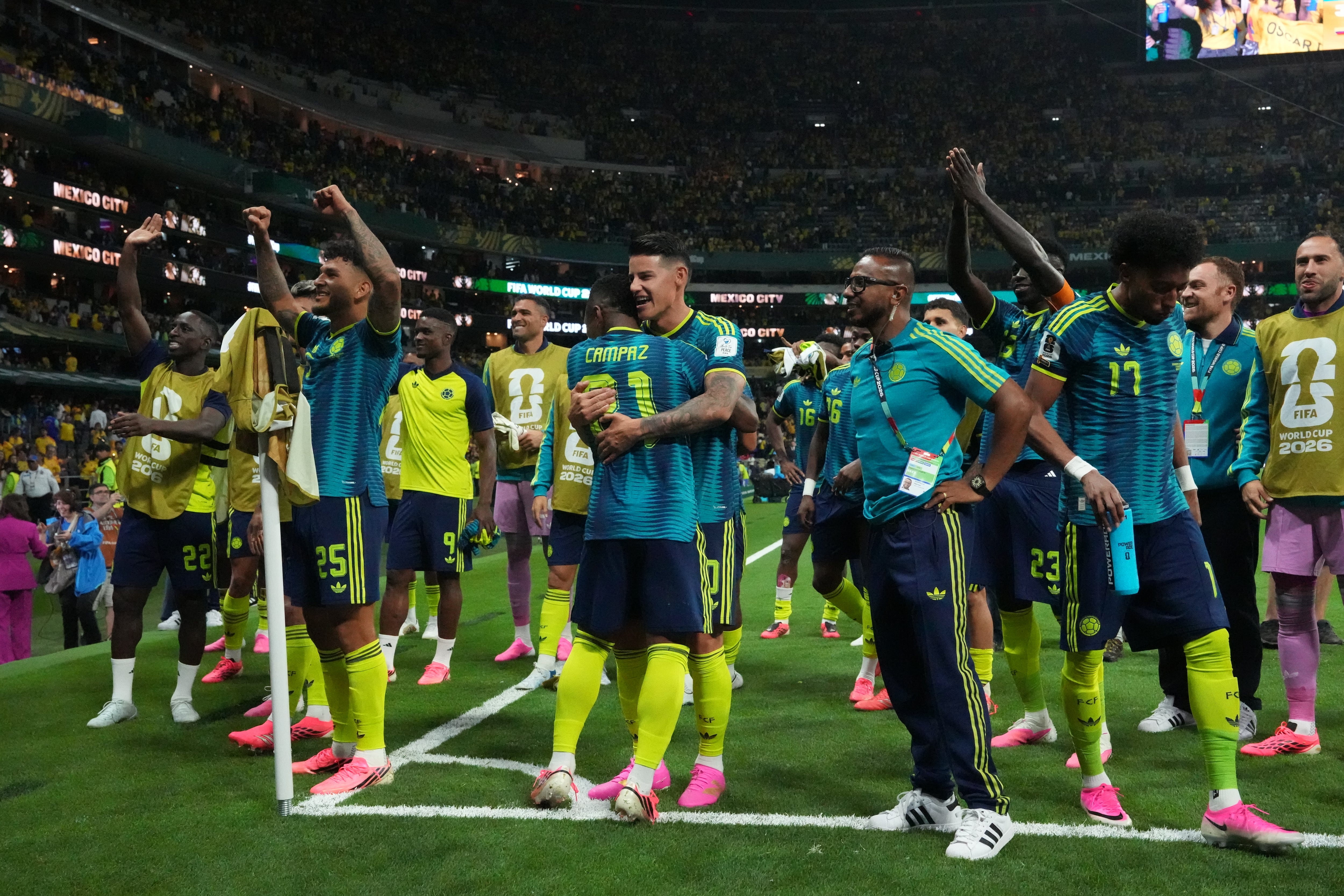 Colombia celebrando el triunfo sobre Uzbekistán por la primera fecha de la fase de grupos del Mundial 2026.