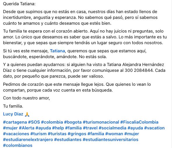 Carta de la familia de Tatiana Hernández.