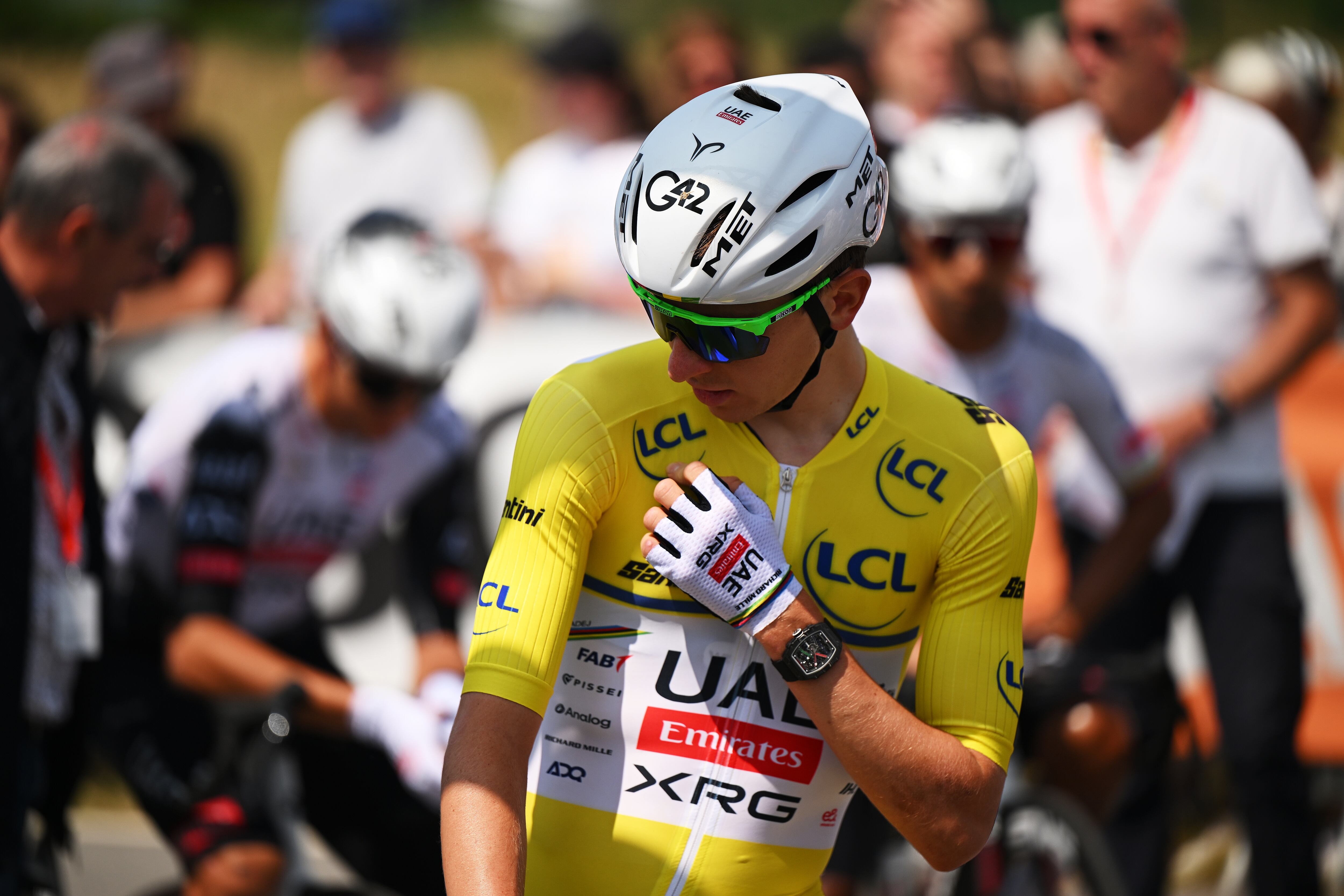 PREMILHAT, FRANCE - JUNE 09: Tadej Pogacar of Slovenia and UAE Team Emirates - XRG - Yellow leader jersey prior to the 77th Criterium du Dauphine 2025, Stage 2 a 204.6km stage from Premilhat to Issoire / #UCIWT / on June 09, 2025 in Premilhat, France. (Photo by Dario Belingheri/Getty Images)