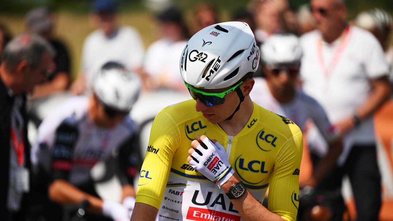 PREMILHAT, FRANCE - JUNE 09: Tadej Pogacar of Slovenia and UAE Team Emirates - XRG - Yellow leader jersey prior to the 77th Criterium du Dauphine 2025, Stage 2 a 204.6km stage from Premilhat to Issoire / #UCIWT / on June 09, 2025 in Premilhat, France. (Photo by Dario Belingheri/Getty Images)