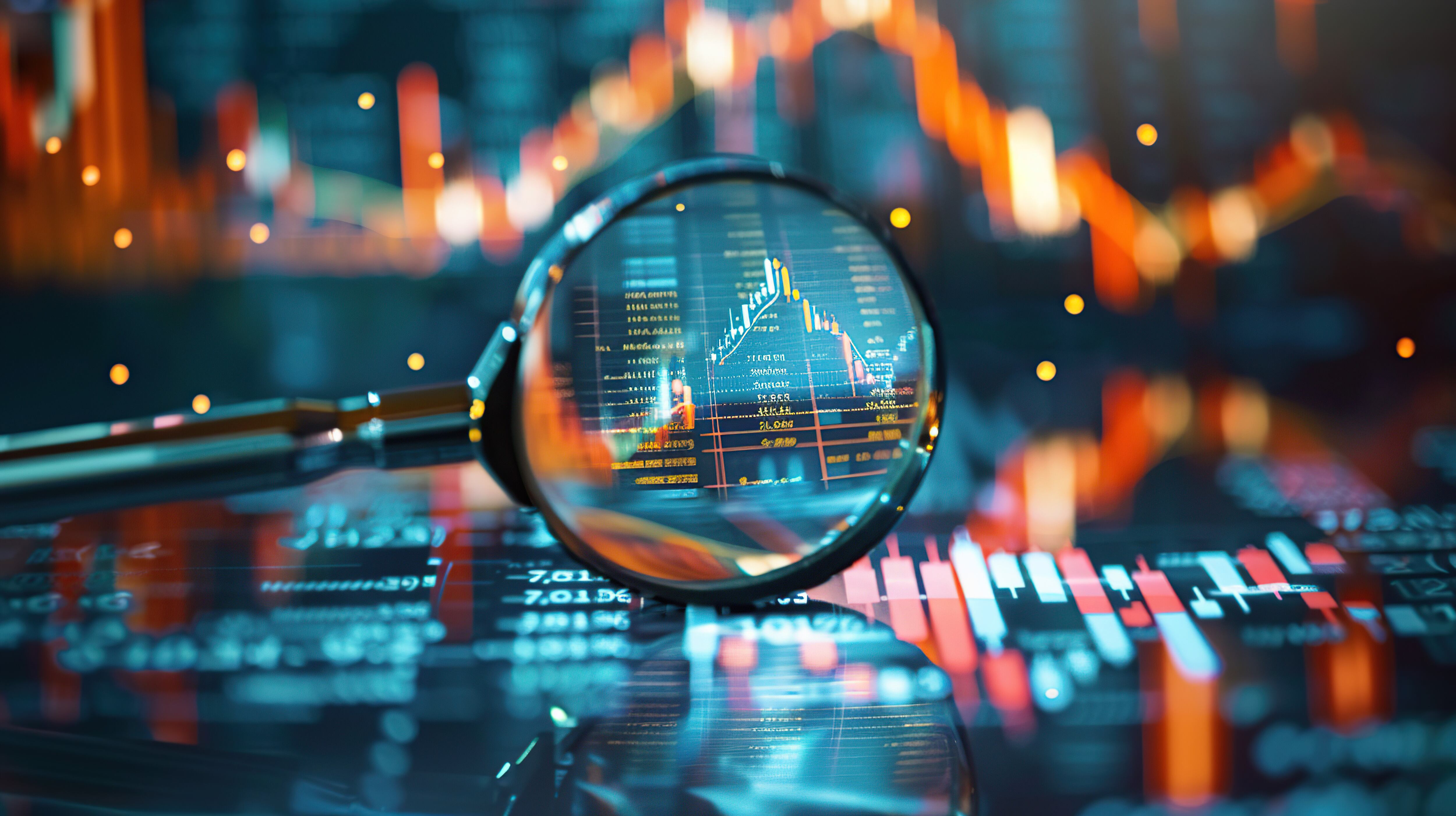 Analytical research in the economy, magnifying glass examining financial data
