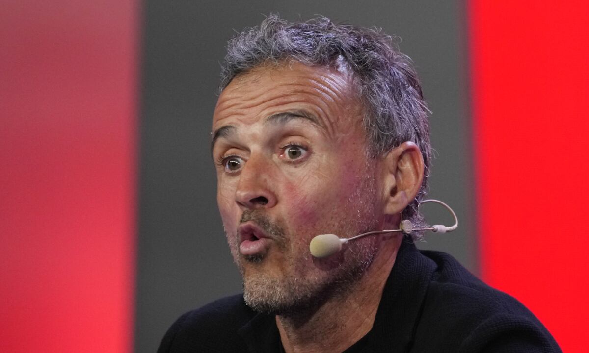 Spain's national soccer team coach Luis Enrique speaks during a press conference after announcing the squad for the Qatar 2022 World Cup at the Spanish soccer federation headquarters in Las Rozas, just outside of Madrid, Spain, Friday, Nov. 11, 2022. (AP/Paul White)